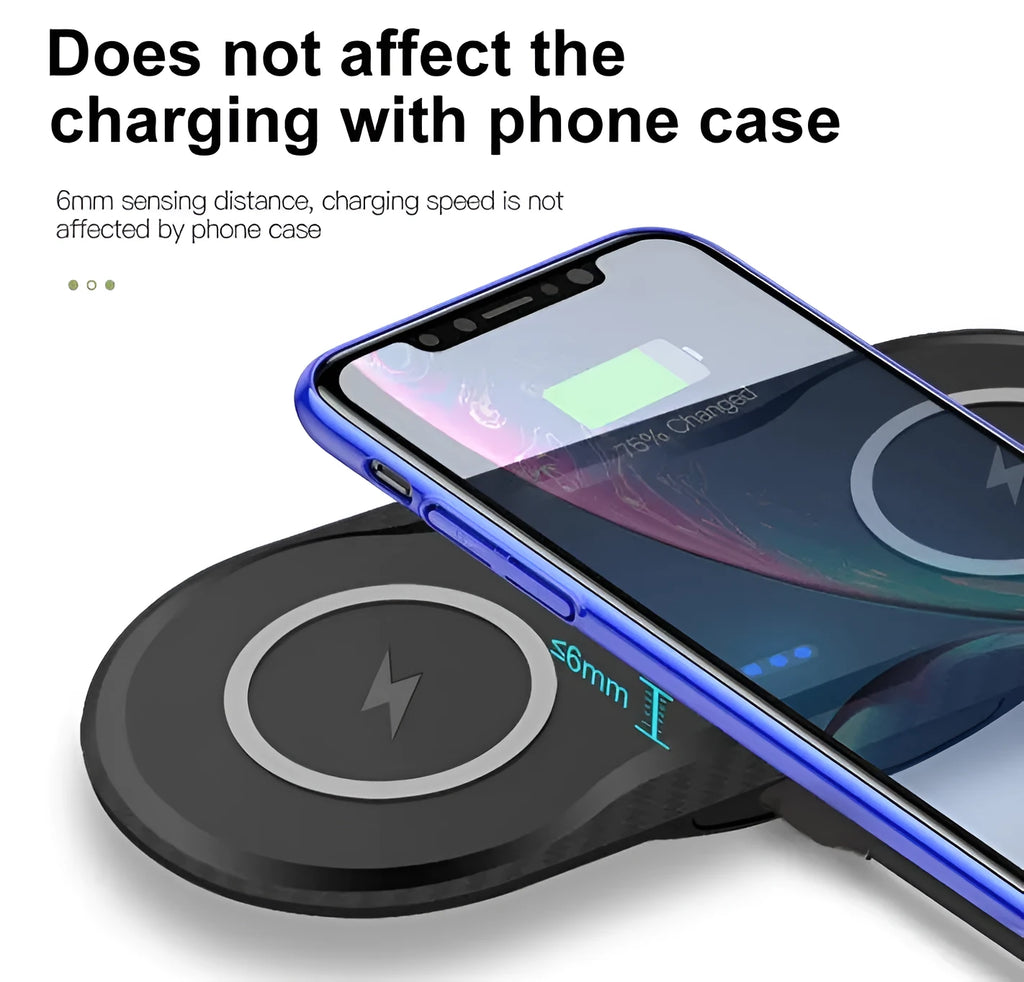 Black and white dual wireless charger showing two phones charging simultaneously on separate pads