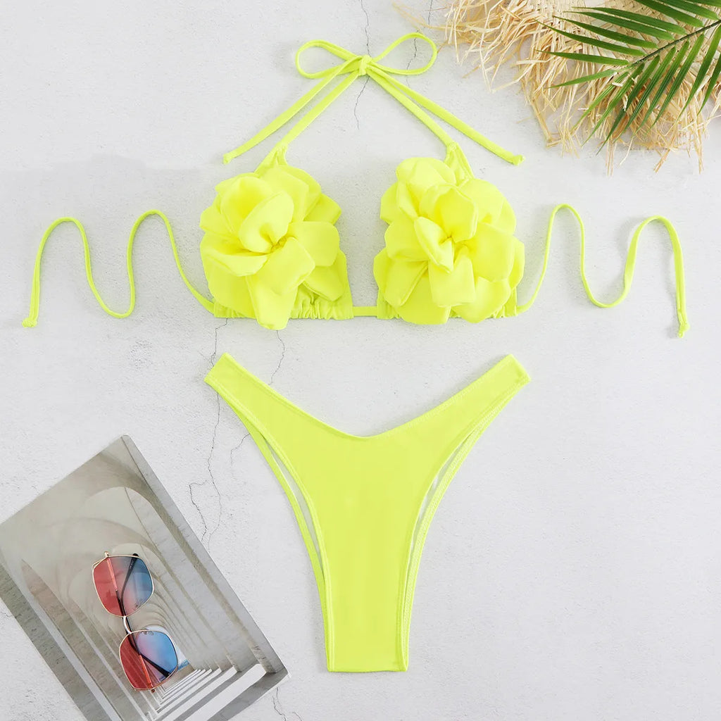 Women's 3D flower low waist bikini swimsuit in solid colour with backless briefs style.