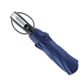 Black automatic triple-folding advertising umbrella with a rubber handle, shown open.