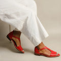 Red plus size women's sandals with a square buckle and herringbone toe holder on a low-top artificial PU upper.