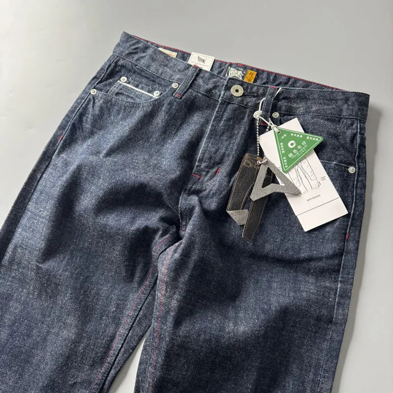 Men's straight leg jeans in primary colour cotton denim with American retro style and mid-waist design