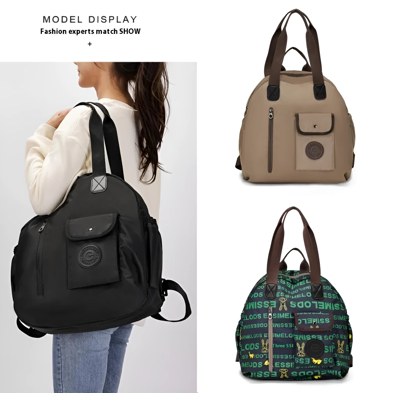 Outdoor lightweight large capacity nylon backpack in black, shown with sandwich pocket detail.