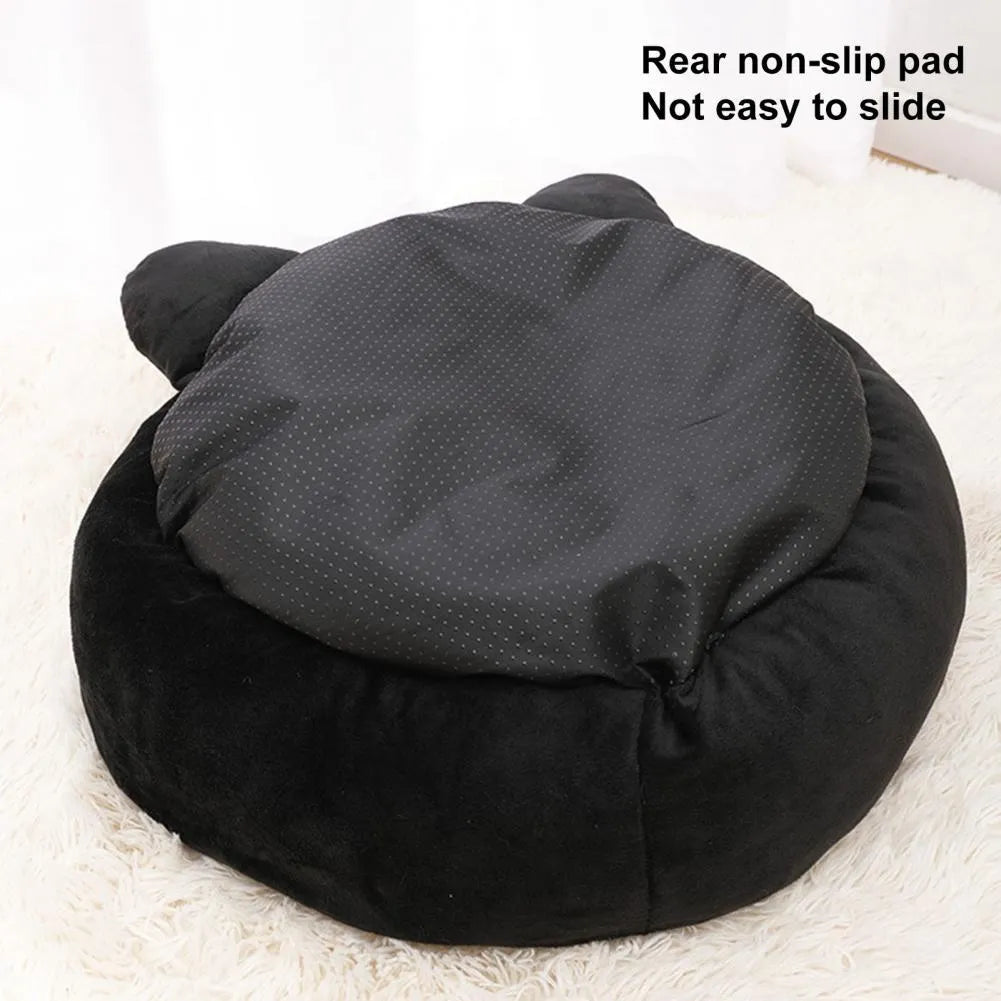 Black cat shaped velvet pet bed nest with raised edges for head support