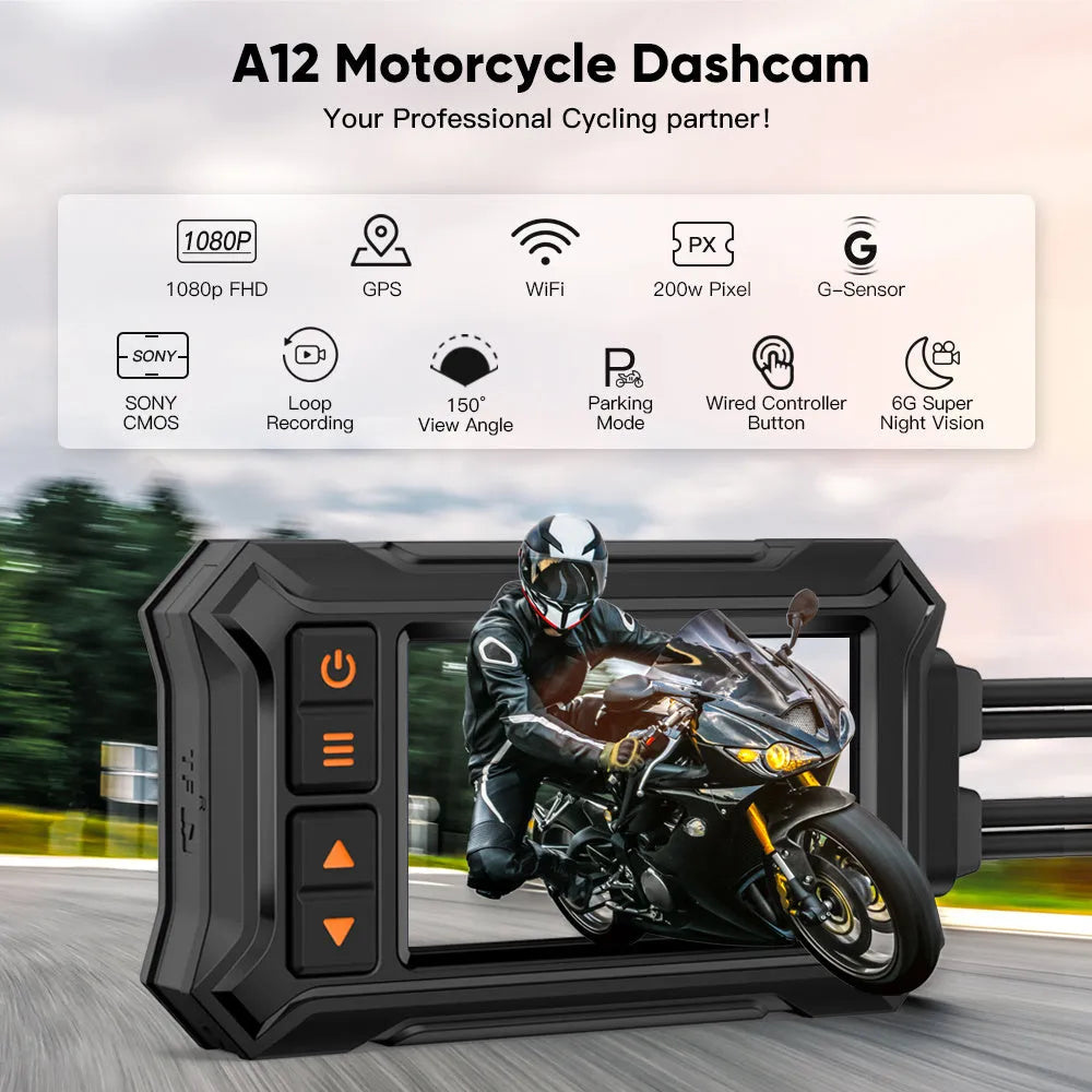 Motorcycle GPS tachograph recorder with dual cameras, GPS module, and installation cables on a handlebar.