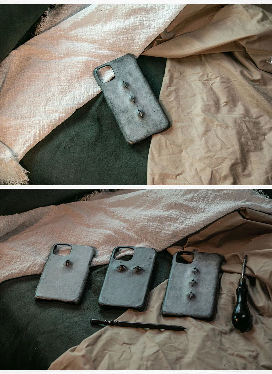 Vintage distressed cowhide leather phone case with textured grip, compatible with iPhone models 15 to 8 Plus, single eye style