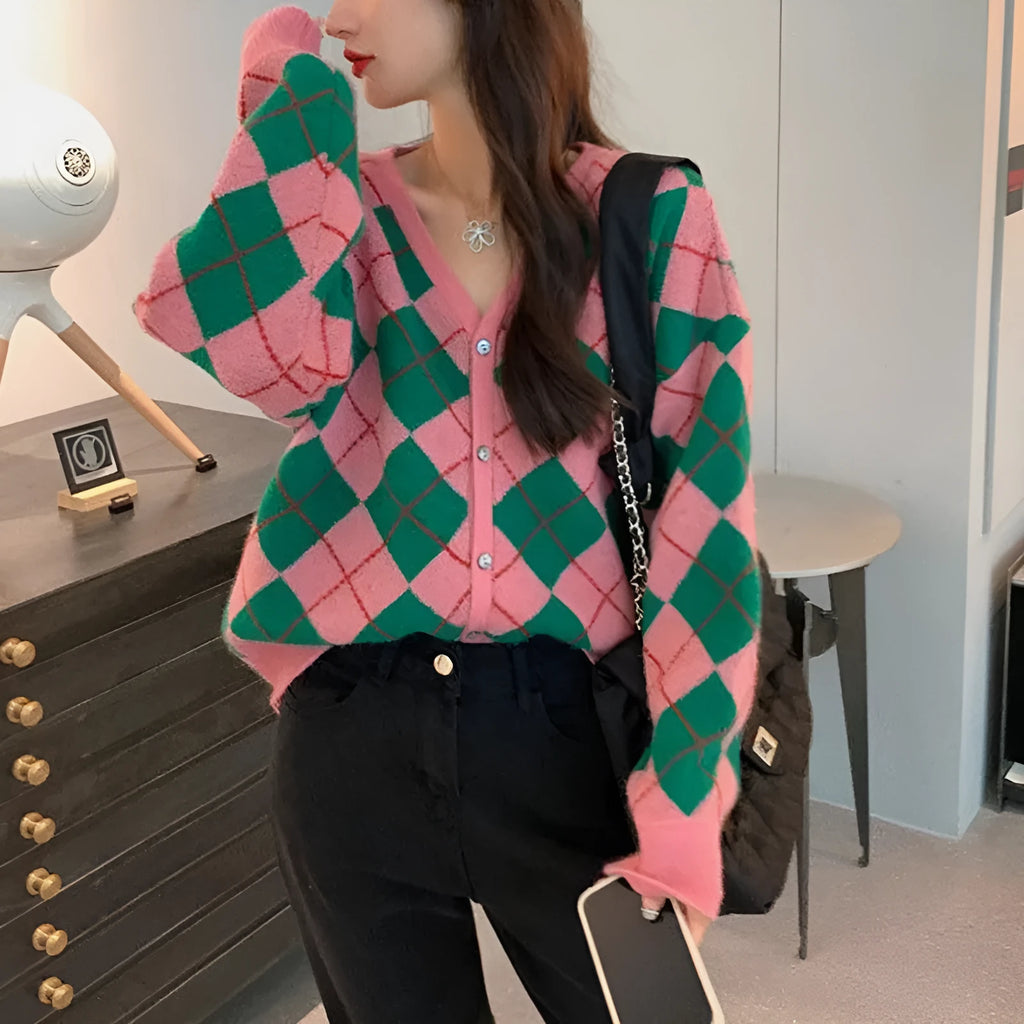 Women's acrylic knitted cardigan coat in macaron colours including pink, green, and khaki, regular sleeve, casual style.