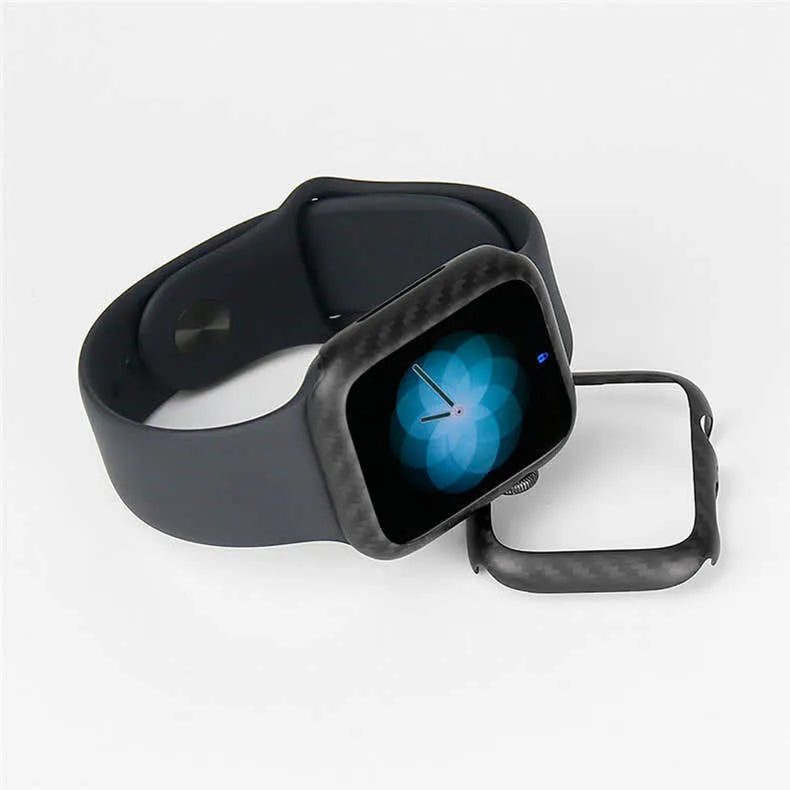 Apple Watch 4 carbon fibre leather case in 44mm size showing bright black finish