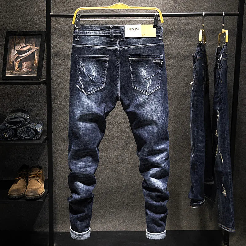 Men's slim-fitting skinny jeans in dark blue denim with micro elastic construction