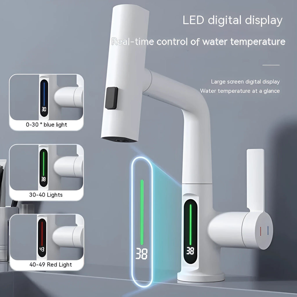Pull-out kitchen faucet with LED temperature display showing water temperature