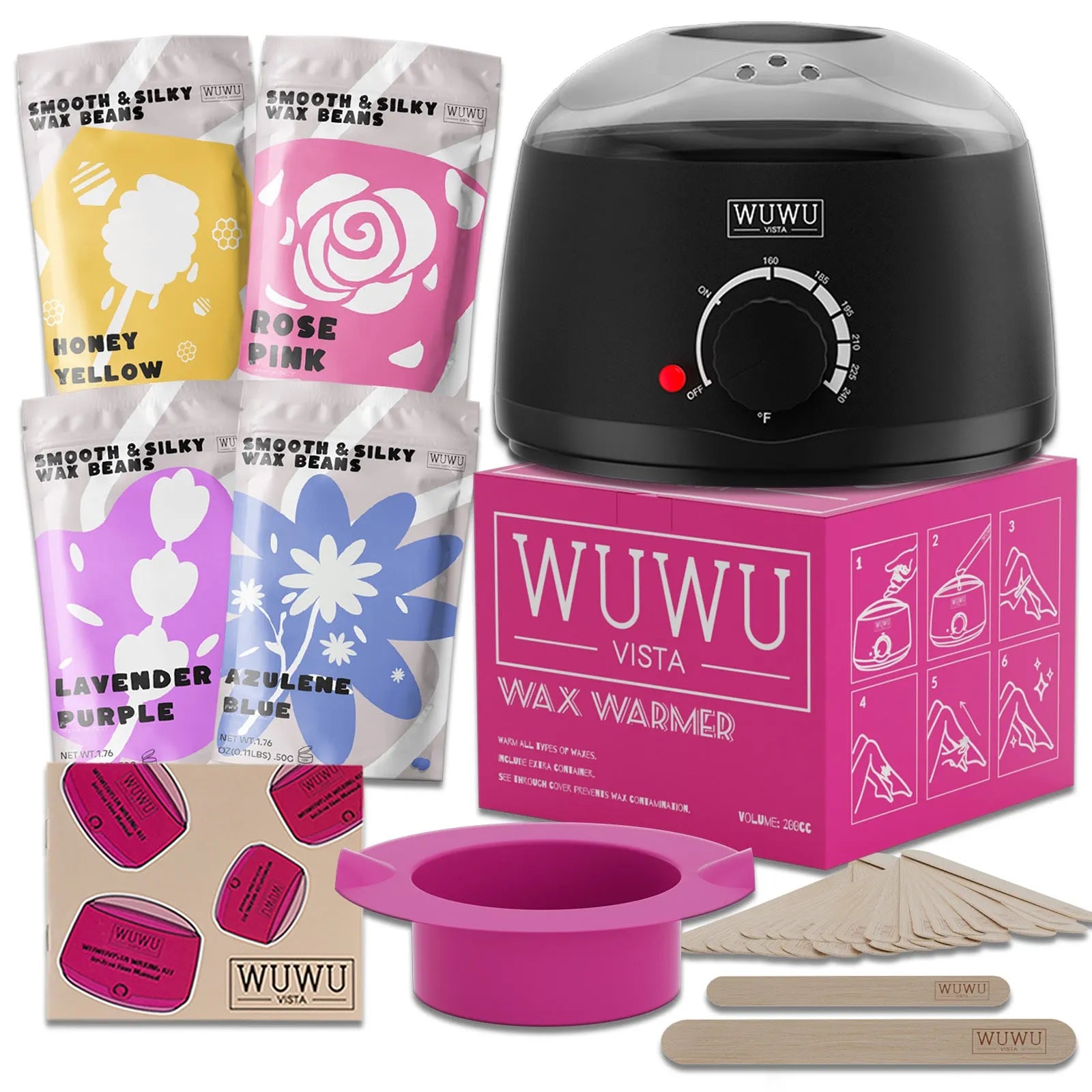 27-piece hypoallergenic wax hair removal kit with wax heater machine and four coloured wax beads