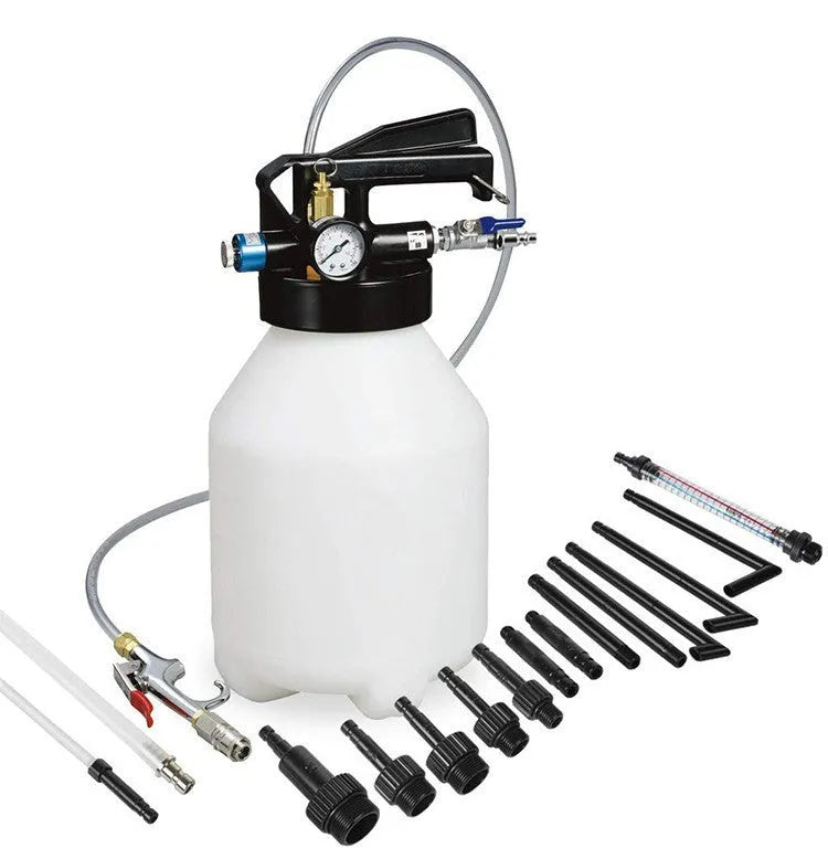 Pneumatic automatic transmission oil changer machine with motor and fluid tank.