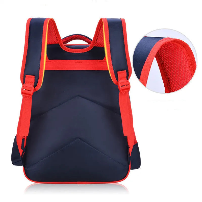 Blue children's cartoon backpack with pencil case, showing front print and adjustable straps.