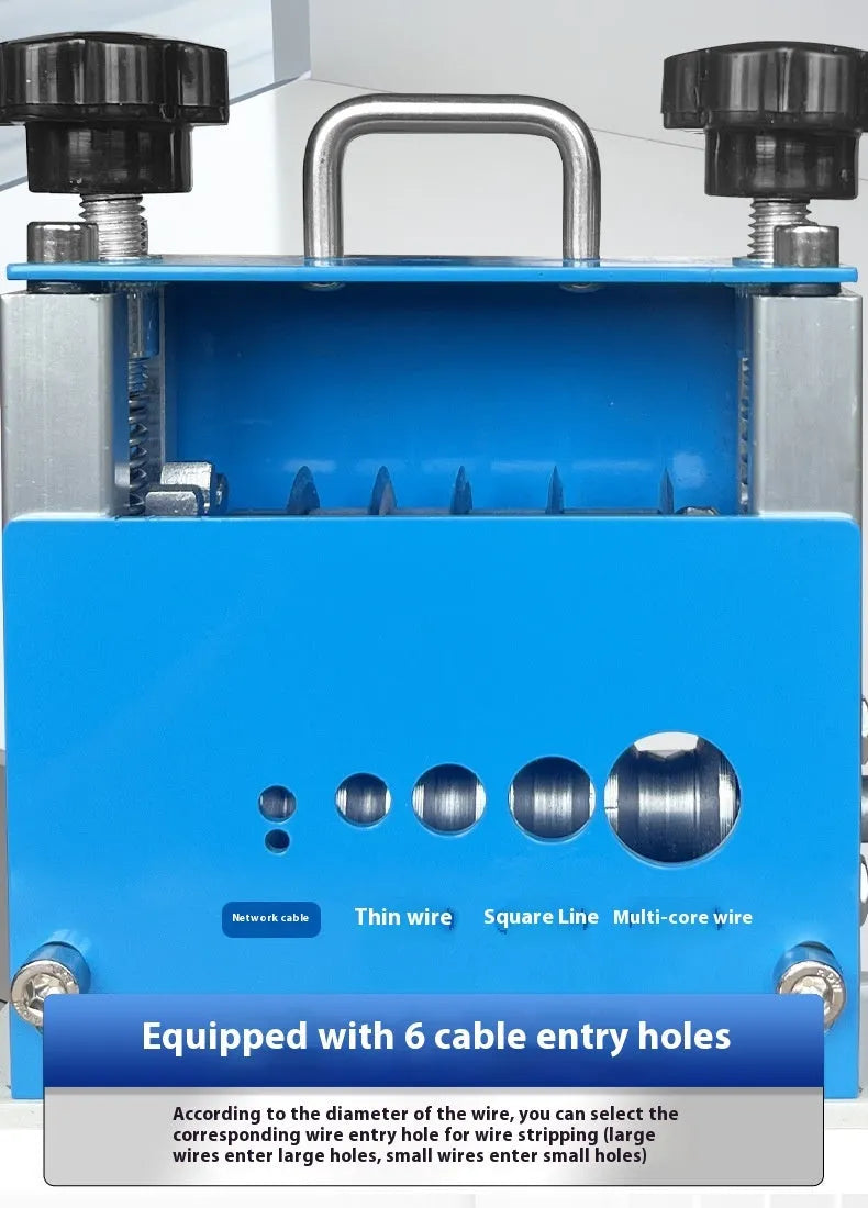 SD-017 manual household wire stripping machine showing compact grey body with wire aperture.