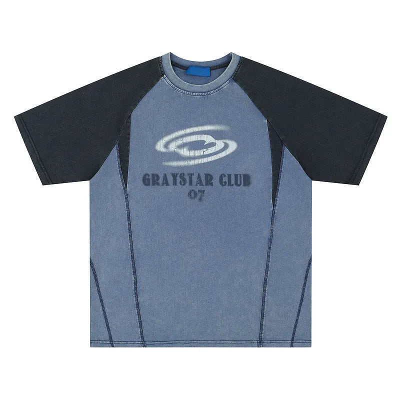 Men's blue hip hop T-shirt with white letter print and raglan sleeves on hanger