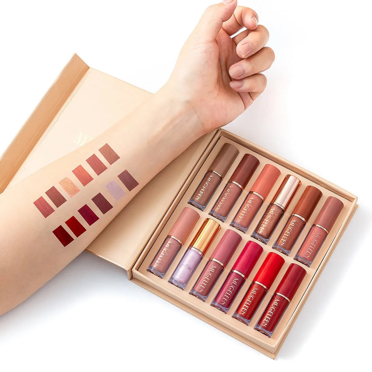 Matte shimmer lip glaze set with 12 lipsticks in nonstick cup packaging