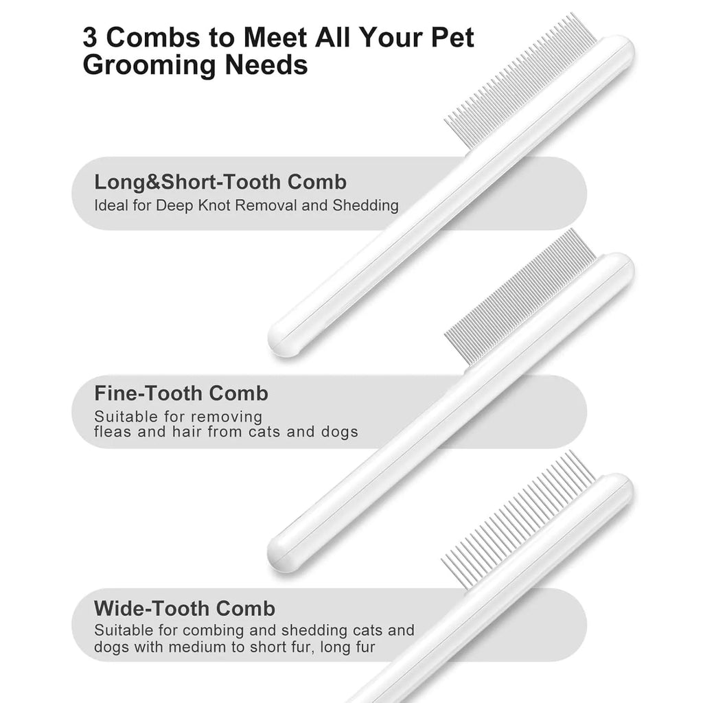 Green and white stainless steel cat comb with rounded teeth for grooming and flea removal