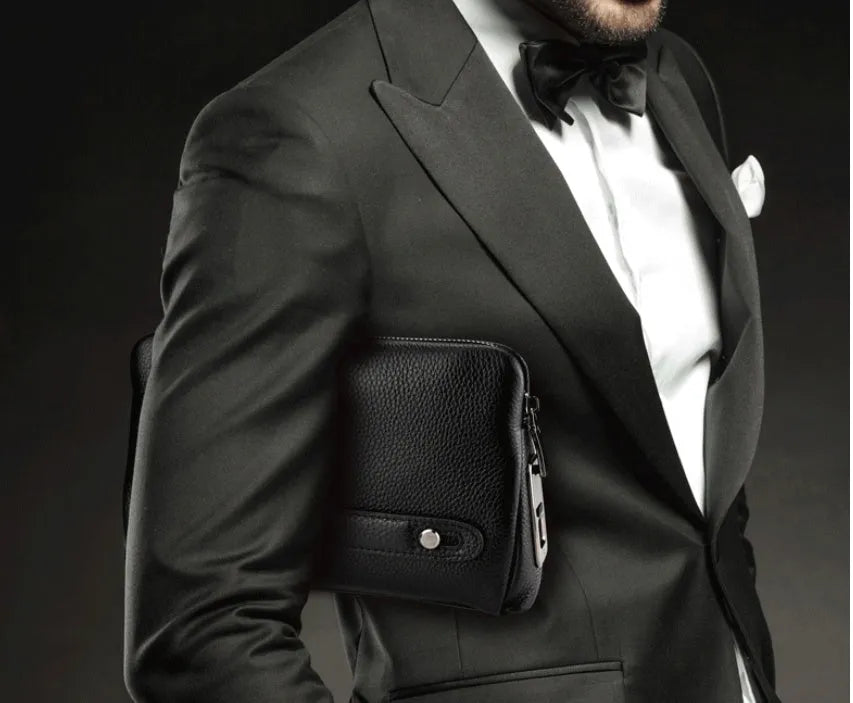 Black men's fingerprint lock wallet in head layer cowhide with zipper closure and USB charging port