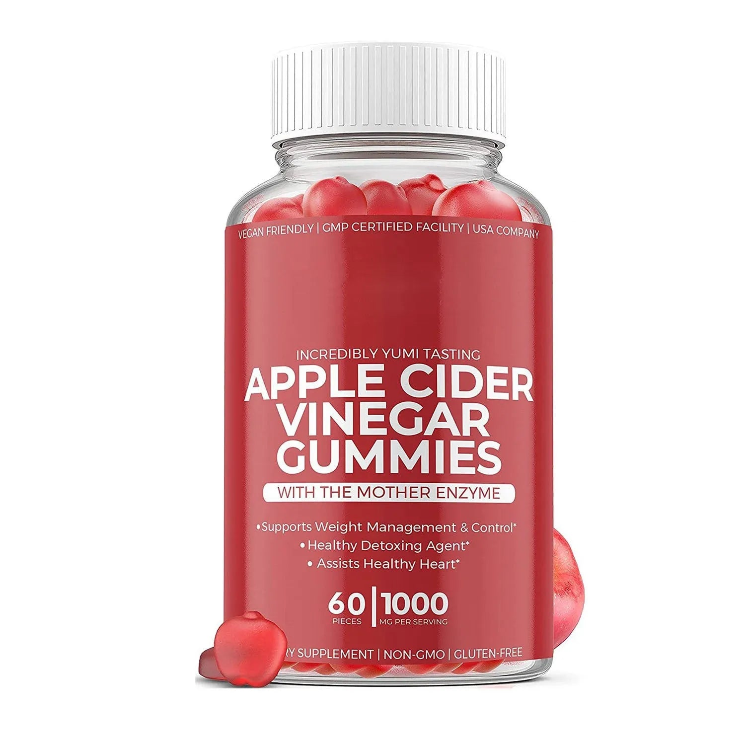 Bottle of apple cider vinegar gummy tablets containing 60 chewable soft candies for adult dietary supplementation
