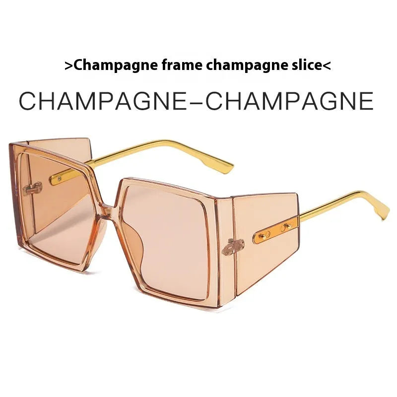 A pair of large square frame sunglasses in a selection of colours including black, blue, and champagne.