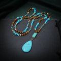 Turquoise blue water drop pendant necklace with mixed gem inlaid and 81cm ball bead chain