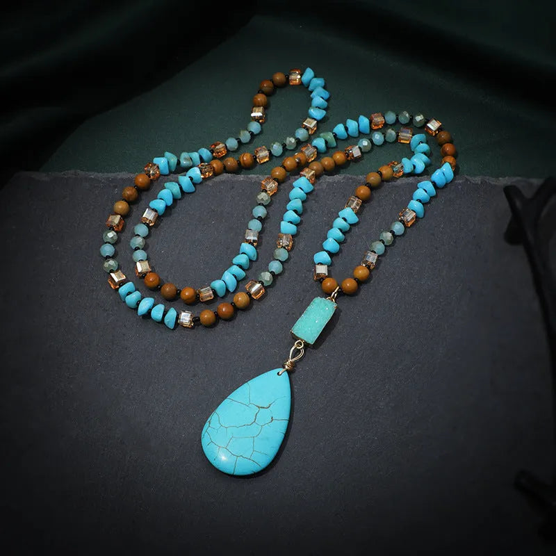 Turquoise blue water drop pendant necklace with mixed gem inlaid and 81cm ball bead chain