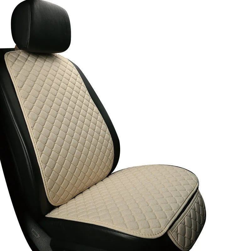 Linen car seat cushion with removable elastic straps shown in multiple colour options including warm cream, coffee, and Lafite red