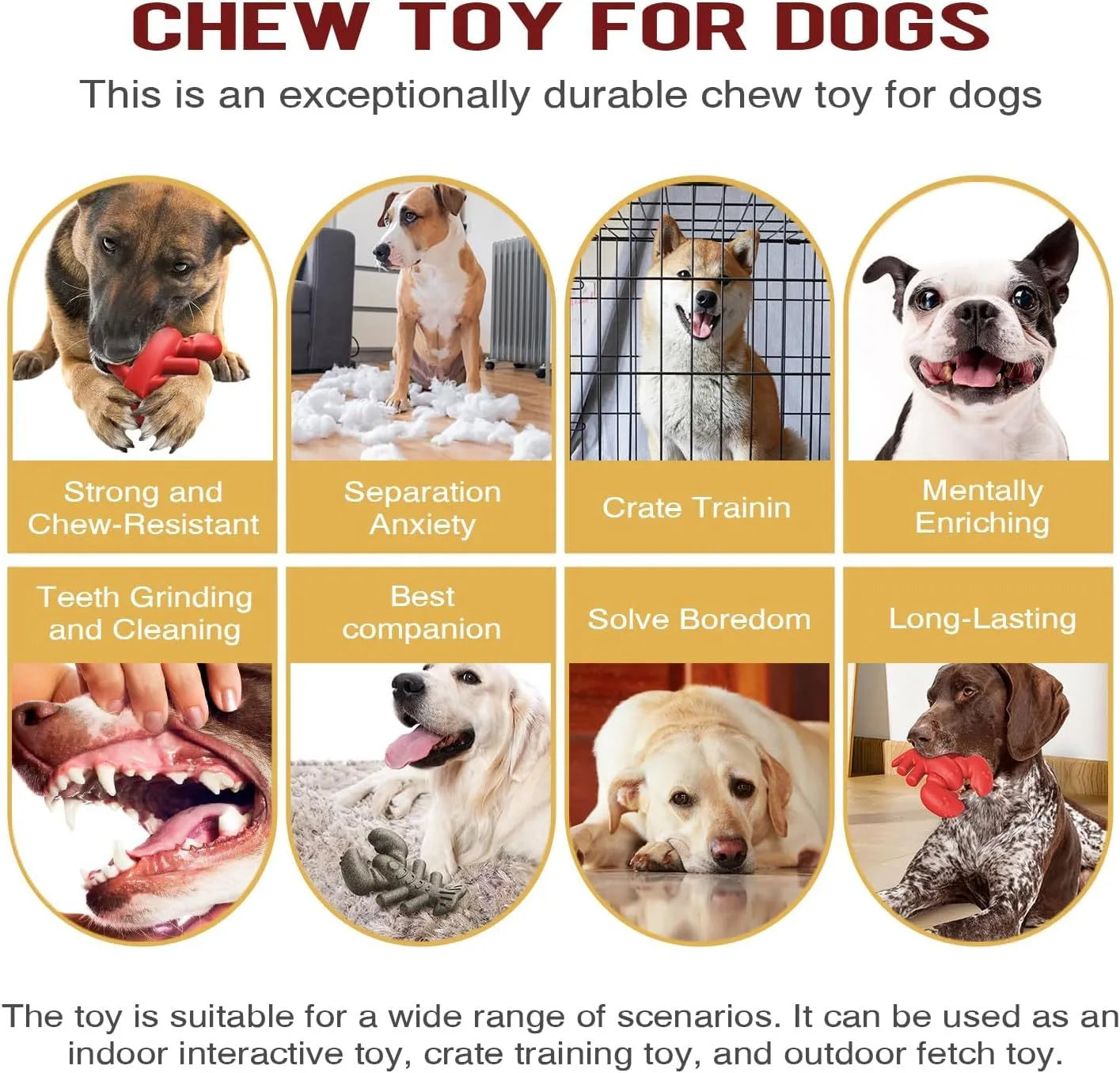 Red hard-material dog chew toy for large aggressive chewers, shown with size scale.