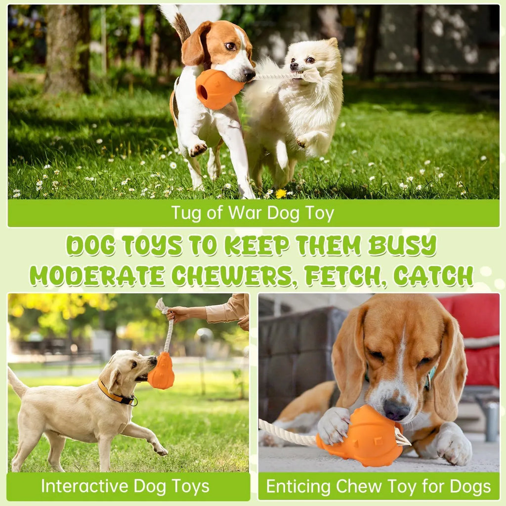 Natural rubber stuffable dog toy with a long strap for fetch and interactive chewing games.