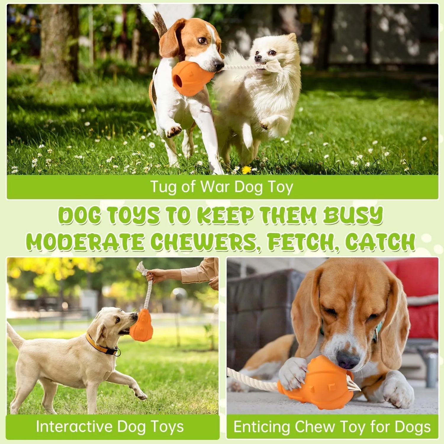 Natural rubber stuffable dog toy with a long strap for fetch and interactive chewing games.