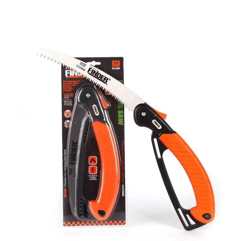Folding garden pruning saw with a 230mm blade and black TPR grip shown open and closed.