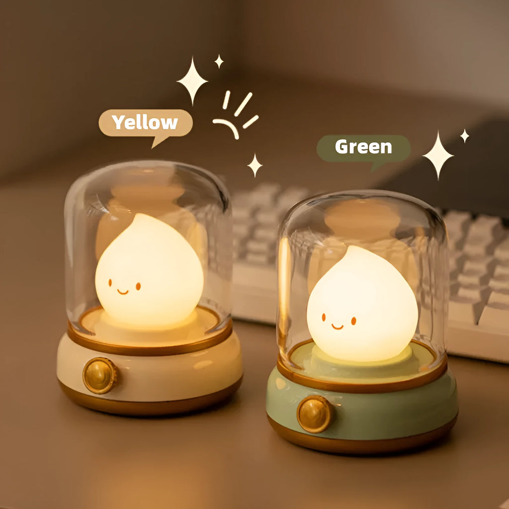 Retro oil lamp style USB rechargeable LED table lamp with dimmable lighting on wooden table