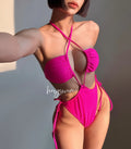 Women's one-piece swimsuit with front drawstring closure in nylon fabric
