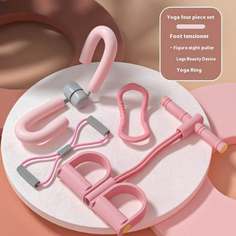 Yoga four-piece fitness set showing leg stretcher, yoga ring, pedal puller, and figure eight tension rope