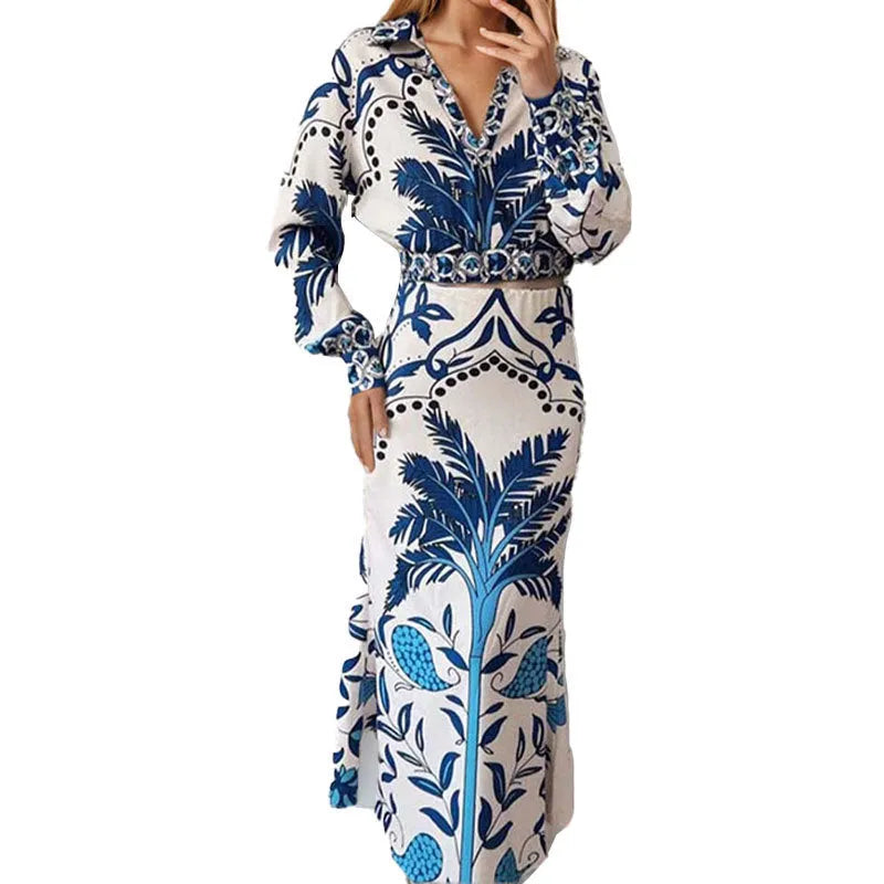 Women's early spring flower print two-piece co-ord set with long sleeves and long skirt