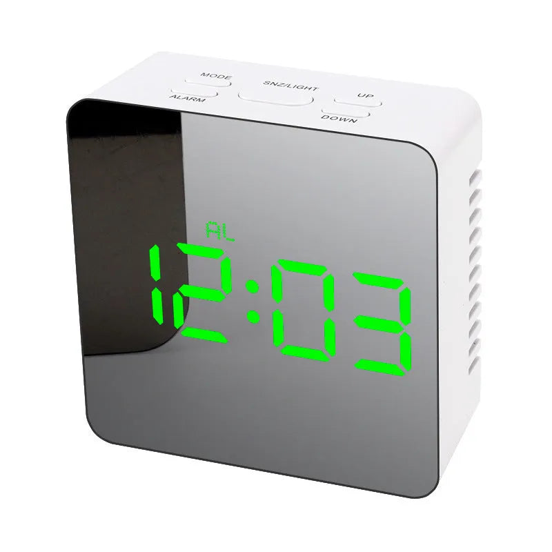 LED digital mirror desktop alarm clock with USB cable, plastic shell, rectangular white light