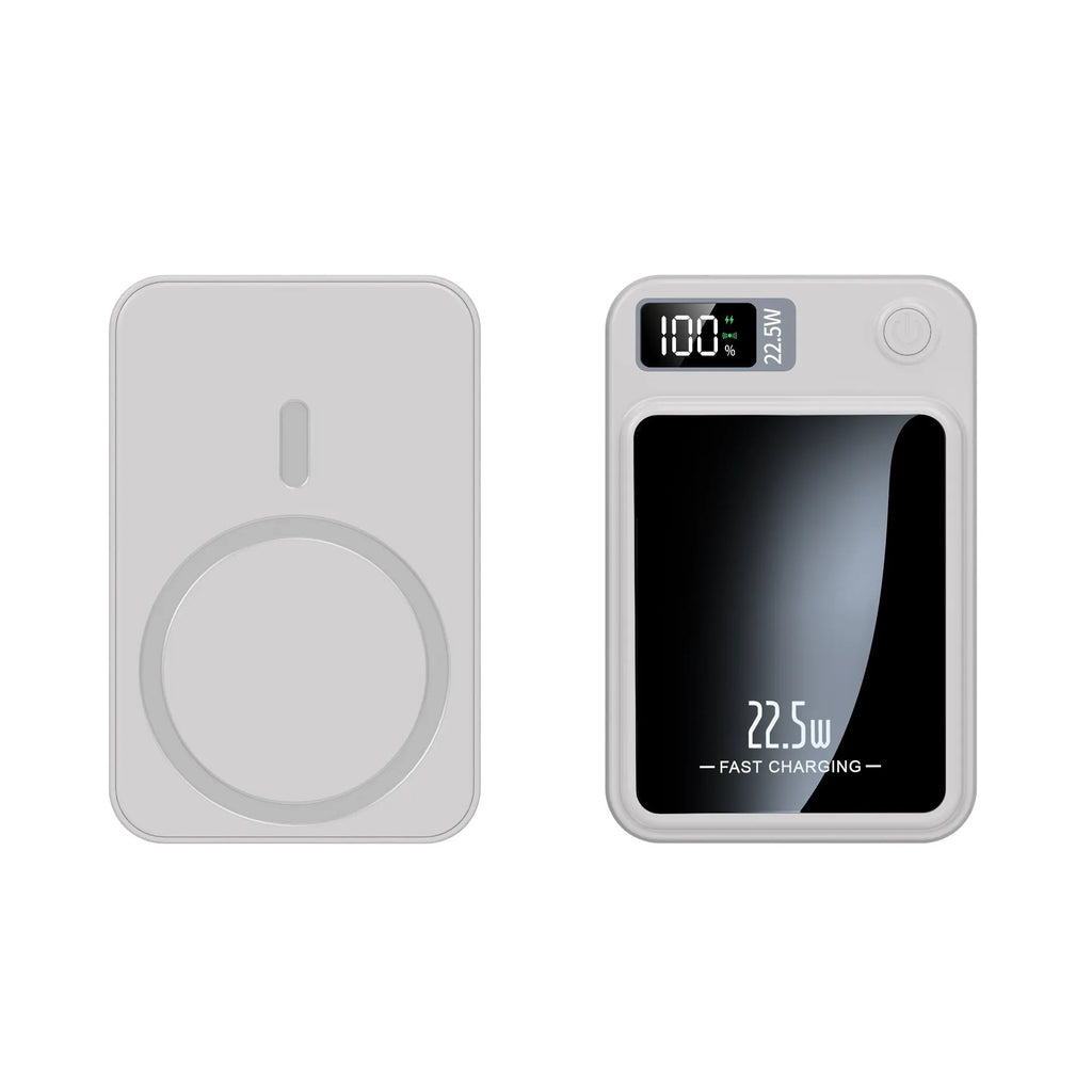 Wireless power bank with MagSafe compatibility in black, white, purple, and green colour options showing compact plastic design