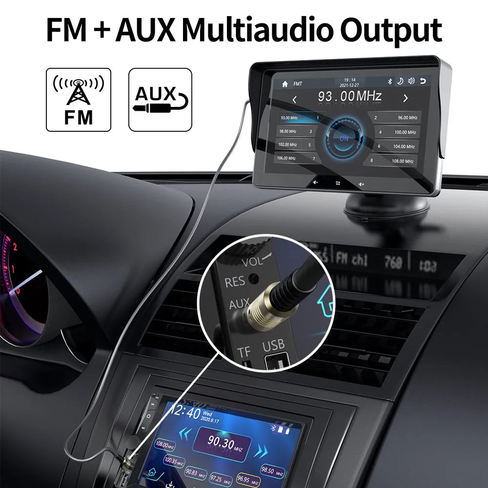 7 inch car wireless CarPlay display with astern camera on a dashboard suction cup mount.