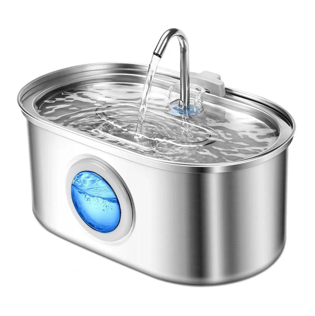 Stainless steel round pet water dispenser with 4 litre capacity and a faucet showing water level window.