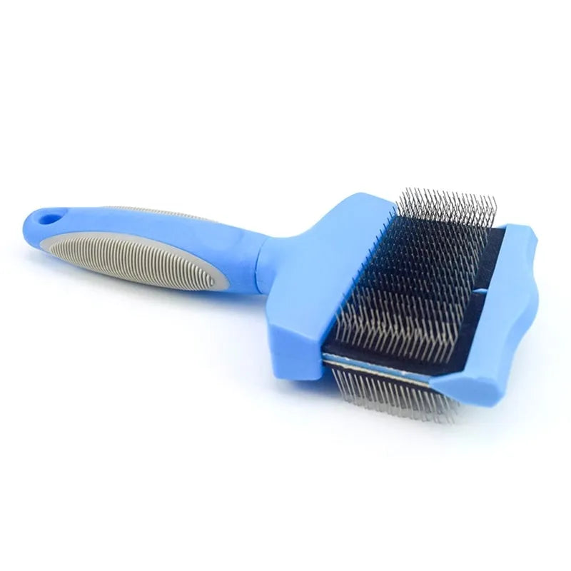 Blue double-sided pet brush with stainless steel pins on a white background
