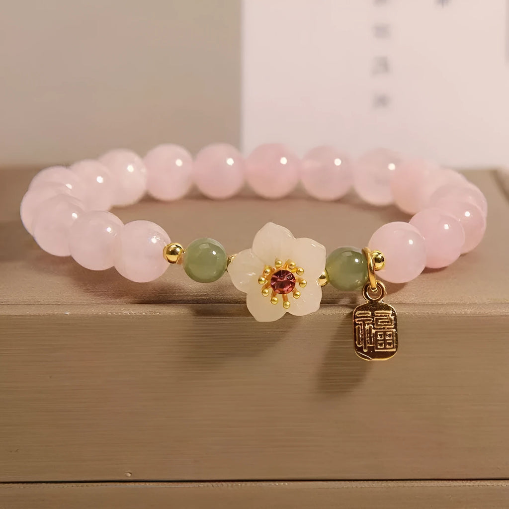 Women's crystal and Hetian jade beaded bracelet with peach blossom charm in blessing card colour