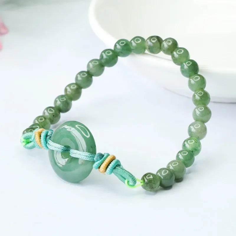 Natural emerald green jade bracelet with safety buckle closure, 6mm diameter, star-shaped national style design