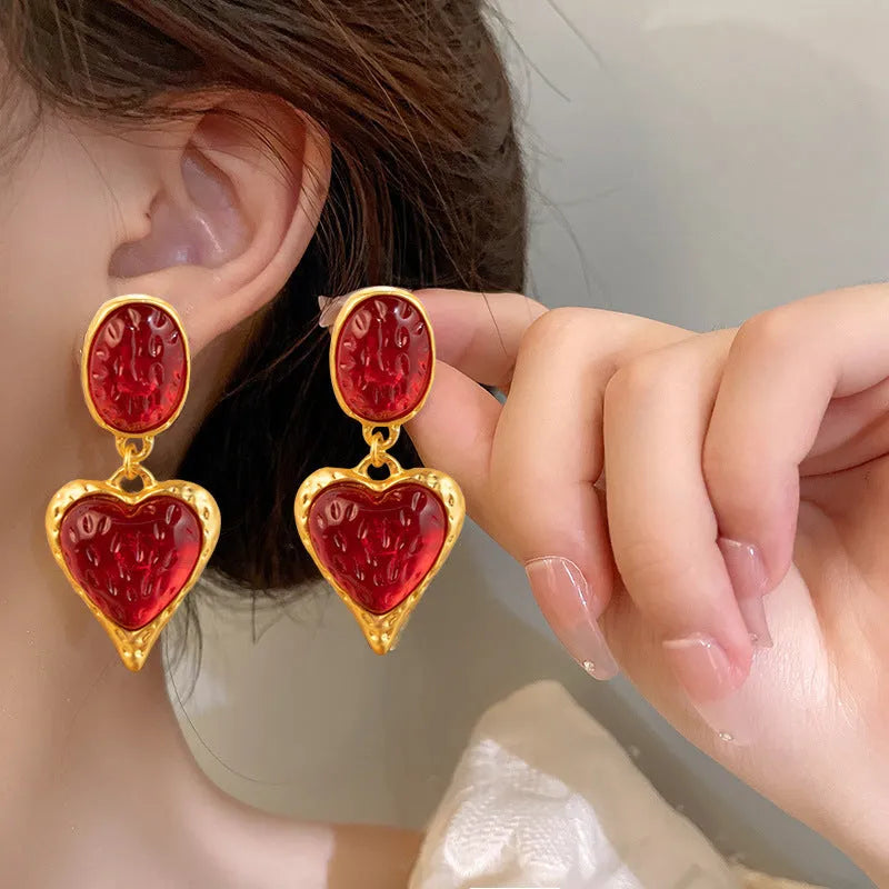 Oval love heart stud earrings with silver needle pleated design in four colour options