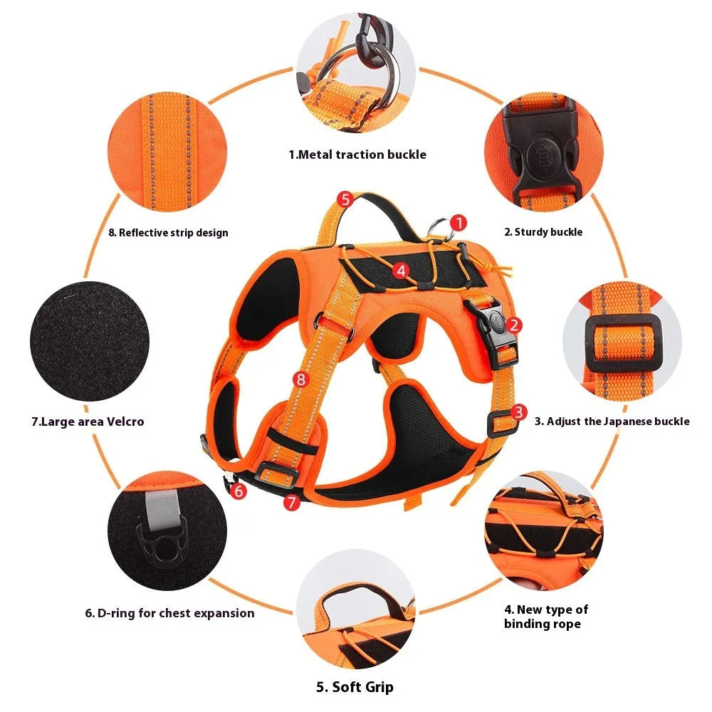 Explosion-proof dog harness with hand-holding rope in multiple colour options including black, brown, and navy blue