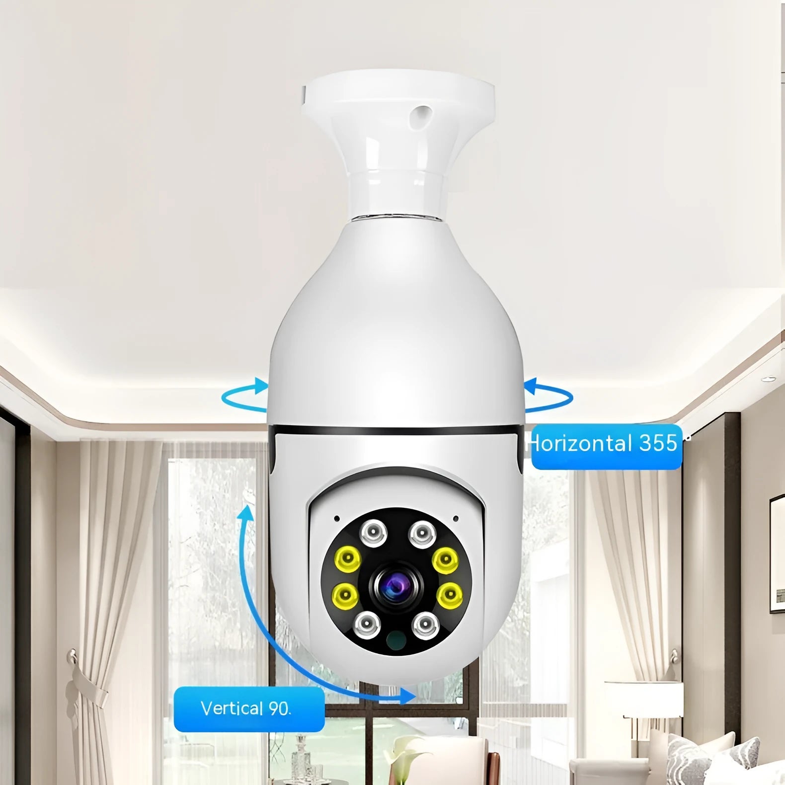 White wireless bulb security camera with a lens, shown next to a scale indicating its 5cm by 12cm dimensions.