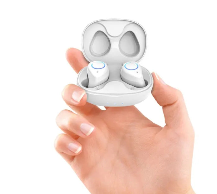 Black and white M18 true wireless Bluetooth in-ear headset with charging case.