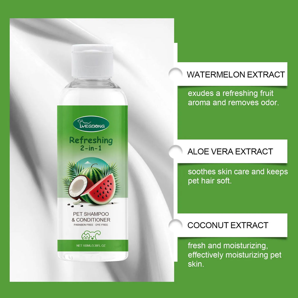 100ml bottle of 2-in-1 pet shampoo and fragrance shower gel with watermelon and coconut scent.