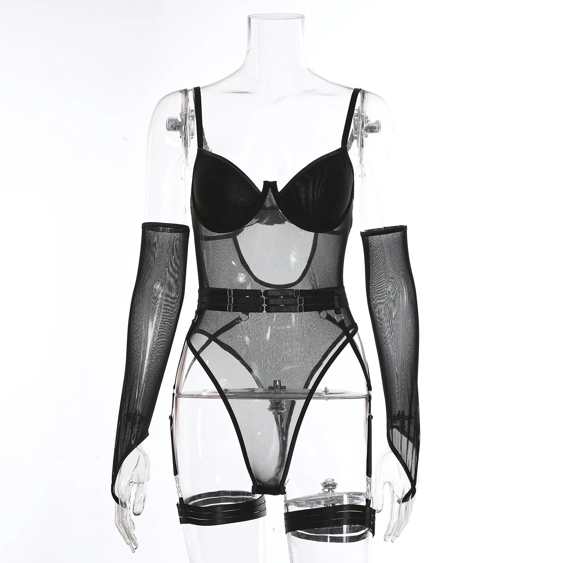 A woman wearing a black see-through mesh jumpsuit with long sleeves and a front zip.