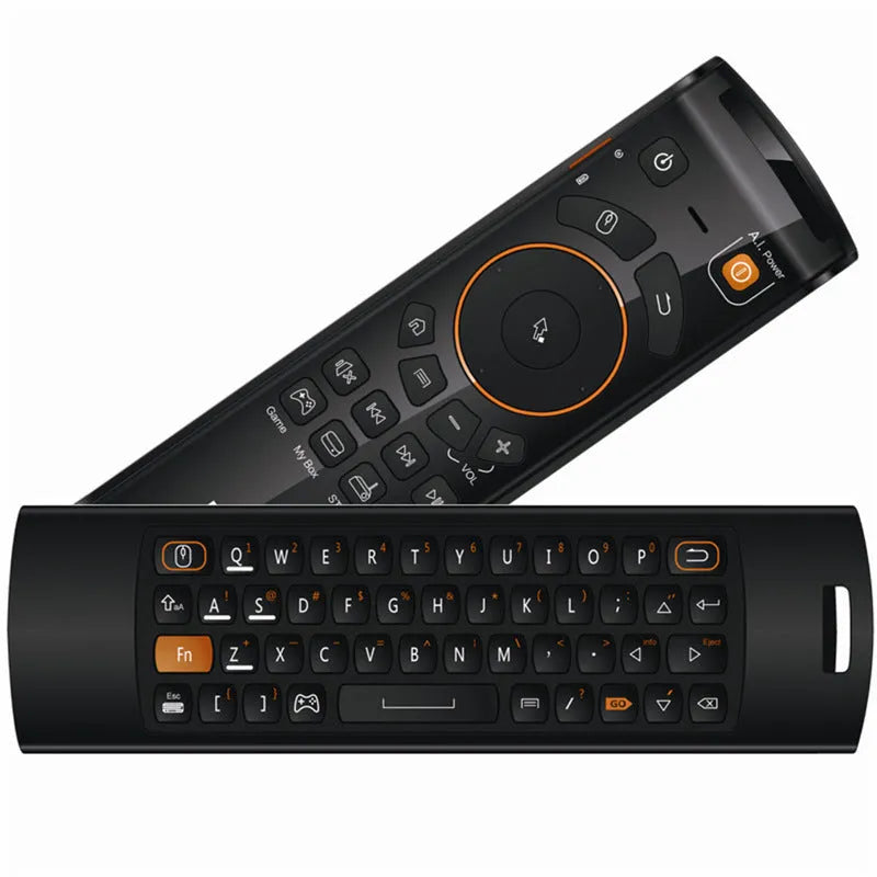 F10 Deluxe wireless air mouse in black with QWERTY keyboard and IR learning functions