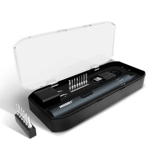 Black pen-style mini electric screwdriver with aluminium casing and micro USB charging port.