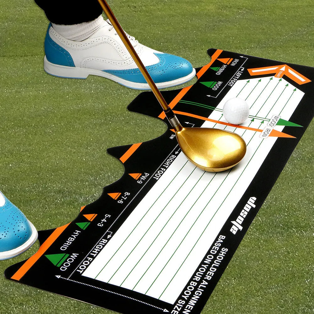 Black neoprene golf swing stance training pad on a green surface.